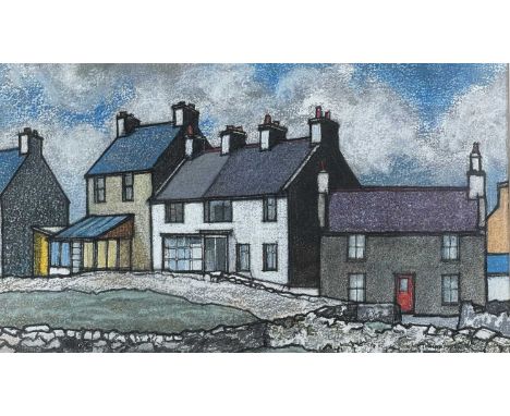 ‡ WARREN WATKINSON MORRIS mixed media - architectural colourful view of an Ynys Mon (Anglesey) village, inscribed verso as po