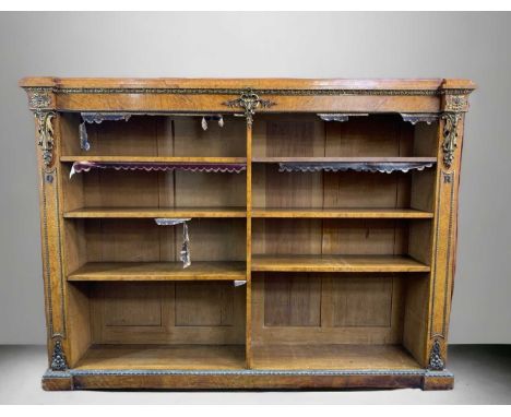FINE VICTORIAN ORMOLU MOUNTED POLLARD OAK LIBRARY BOOKCASE, in the manner of Gillows, stepped top, adjustable shelves, origin