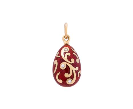 FABERGÉ by VICTOR MAYER Anhänger mit 6 Brillanten von zus. ca. 0,09ct mit sehr guter Farbe und Reinheit. rötliches Email, GG 
