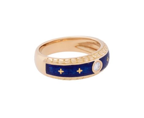FABERGÉ by VICTOR MAYER Ring mit kleinem Brillant ca. 0,10 ct, GG 18K, blau emailliert, 7 gr, RW: 54, 1990er Jahre, Tragespur