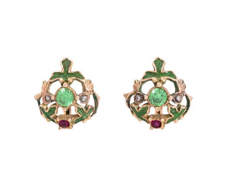 Ohrringe mit verschiedenen Edelsteinen und grünem Email, GG 14K, 4,8 g, mittig je 1 Demantoid (grüner Granat), 20. Jh., Trage