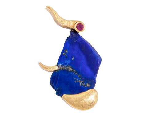 Unikat Stickpin aus Lapislazuli, montiert mit GG 18K, 6,9 g, besetzt mit kl. Rubin, 3,5x1,9 cm, Ende 20. Jh., guter Erhalt, u