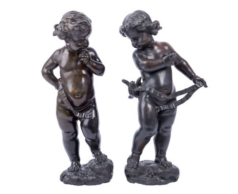 BESAREL, VALENTINO (1829-1902) "Amor sucht seinen Bogen und Amor mit Taube" Bronze, signiert, H: 42 cm. und 43 cm. Leichte Al