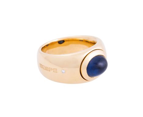 WEMPE Ring mit feinem Saphircabochon von ca. 5 ct und kl. Brillant von ca. 0,01 ct, sehr gute Farbe und Reinheit,  am seitlic
