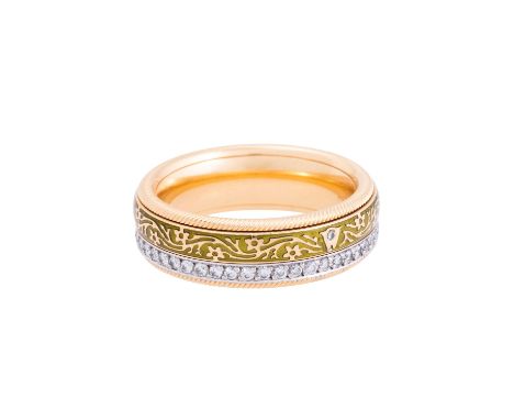 WELLENDORFF Drehring mit Brillanten von zus. ca. 0,5 ct, sehr gute Farbe u. Reinheit, GG 18K, 13,5 gr, grün emailliert, RW: 5