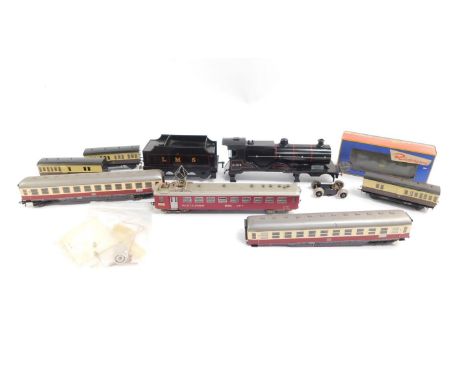 An O gauge LMS locomotive, 41109, Fleischmann OO gauge coaches, Ratio Models coaches, a Rivarossi HO gauge Como Varese passen