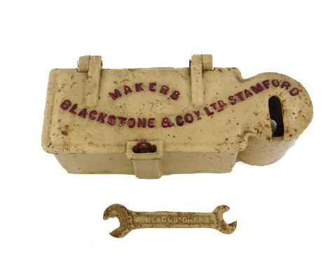 A Blackstone &amp; Company Ltd Stamford early 20thC cast metal tool box, with oil can holder, cream painted with raised red p