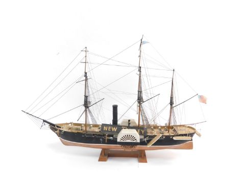 A scale model of the USS New Jersey, a triple masted paddle steamer on a stand, 71cm L.