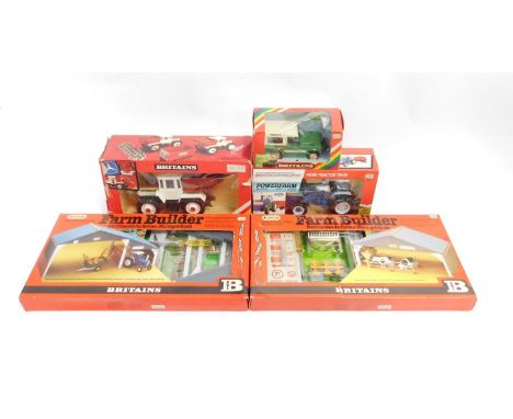 A Britains Ford W35 die cast tractor 9321, Farm Land Rover 9512, Mercedes Benz detachable tractor and tipping hopper 9597, Fa