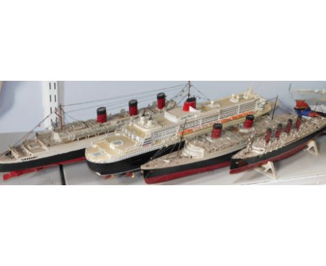 Four scale models of passenger liners, comprising RMS Queen Mary, 51cm L., Cunard Queen Mary II, 59cm L, Queen Elizabeth, 52c