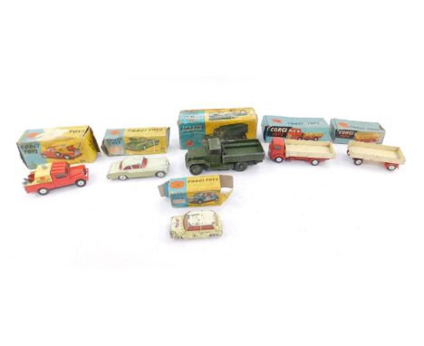 Six Corgi die cast vehicles, comprising Land Rover Breakdown Truck 417, Morris Mini Cooper 227, Dropside Trailer 100, Bentley