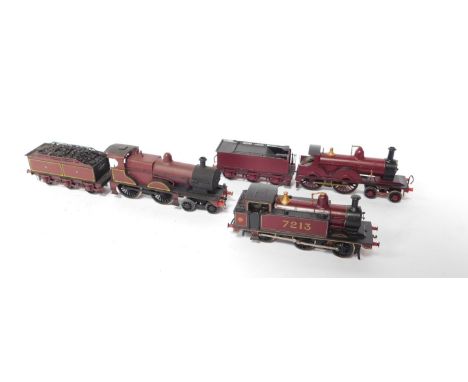 A kit built OO gauge locomotive, Midland Railway red livery, 383, LMS engine, red livery, 7213 and a further locomotive, red 