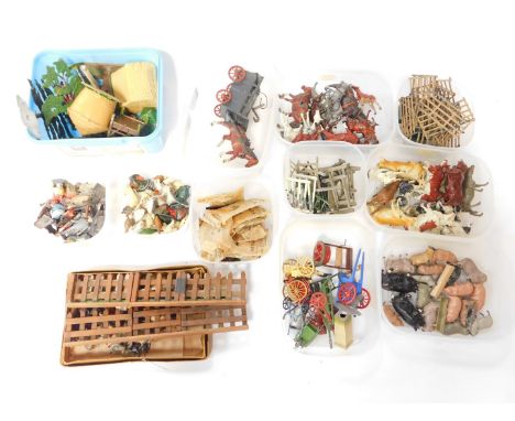 A Britain's Farmyard, including a farm wagon, tumbrel, horse roller, fences, livestock, rabbit hutch and beehive, poultry, fa