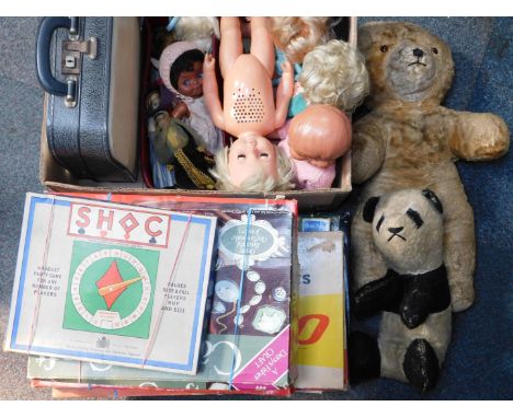 A Petite Feathertouch child's typewriter, mid to late 20thC dolls, Teddy Bears and games. (qty)