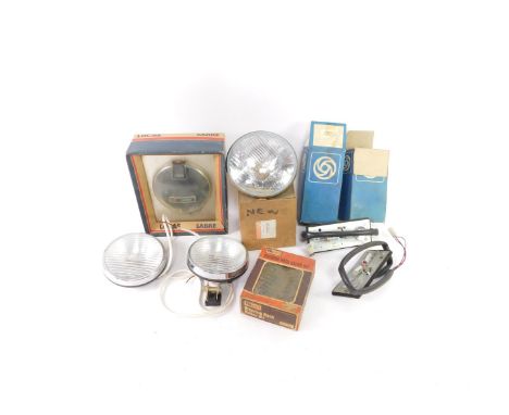 A Lucas Sabre halogen sealed beam fog light, boxed, a pair of FEK DDR clear halogen head lamps, Lucas light unit, Moprod stee
