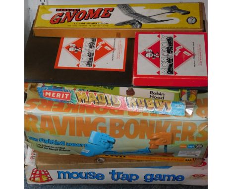 Games and toys, including Raving Bonkers, Mousetrap, Monopoly, a Mercury Gnome Glider, and Magic Robot. (qty)