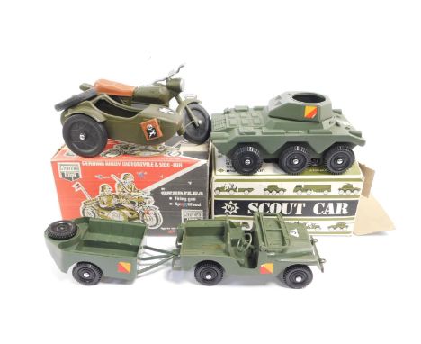 A Cherilea Toys German Army Motorcycle and Sidecar, PP Scout Car, both boxed, and two further military vehicles. (4)