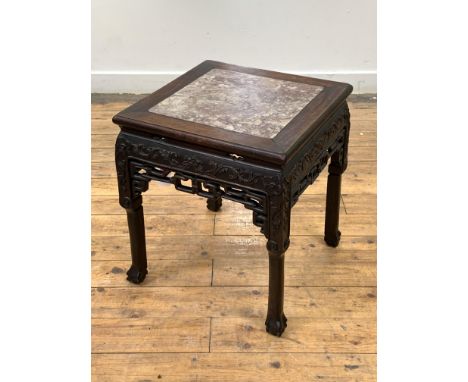 A late 19th / early 20th century Chinese rosewood jardiniere stand of square form, the top inset with breche violette marble 