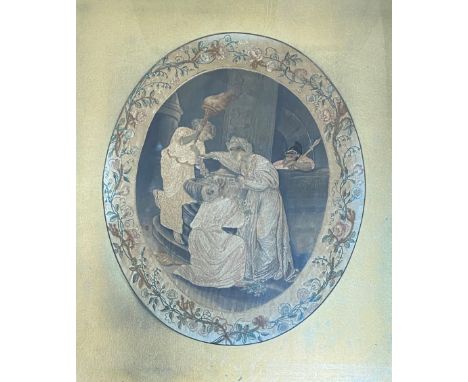 A Regency painted silk needlework panel, oval, worked with the figures of three maidens bearing a torch and floral garlands a