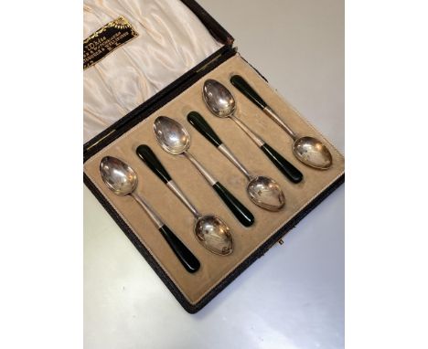 A cased set of six jade-mounted silver teaspoons, William Devenport, Birmingham 1910. (6)