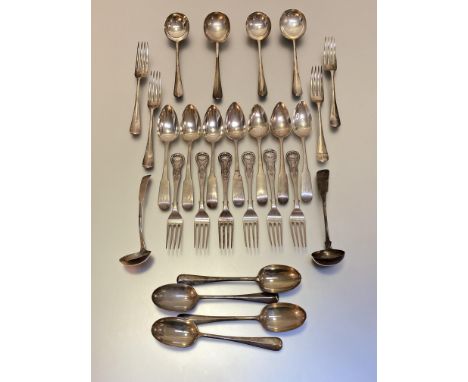 A mixed group of 19th century silver flatware comprising: seven Fiddle pattern dessert spoons, various Edinburgh makers, 1810