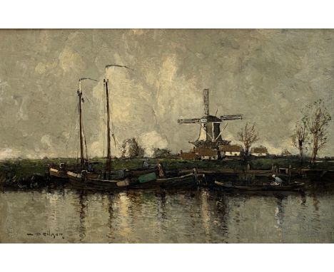 William Alfred Gibson (Scottish, 1866-1931), Dutch Barges with a Windmill Beyond, signed lower left, oil on panel, in a gilt-