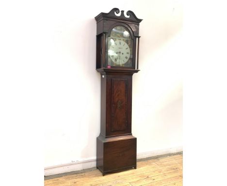 A mid 19th century Scottish West Coast mahogany longcase clock, with swan neck pediment over strung pilasters, the waisted bo