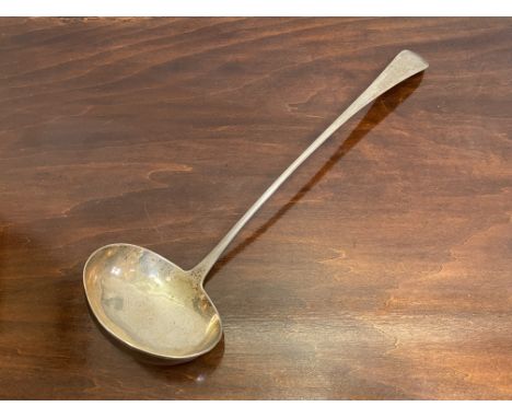 A George III Scottish silver soup ladle, Alexander Zeigler, Edinburgh 1796, Celtic Point pattern, engraved with a monogram. L