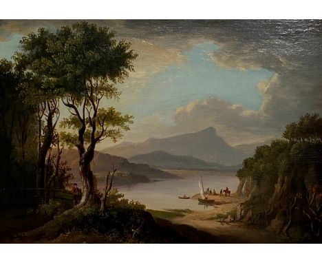Circle of Alexander Nasmyth, Figures by a Highland Loch, oil on panel, framed. 28cm by 39.5cm. Provenance: Calton Gallery, Ed