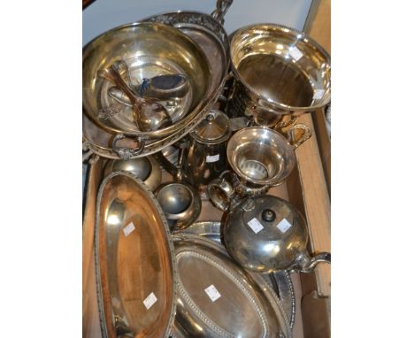 Metalware - a silver plated teapot, milk jug and sugar bowl;  a silver plated two handled Champaign bucket;  silver plated sh