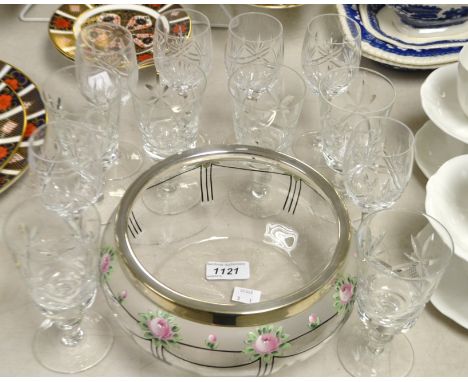 Glassware - a set of six Edwardian crystal aperitif glasses; others; an Art Deco printed fruit bowl, decorated with roses; EP