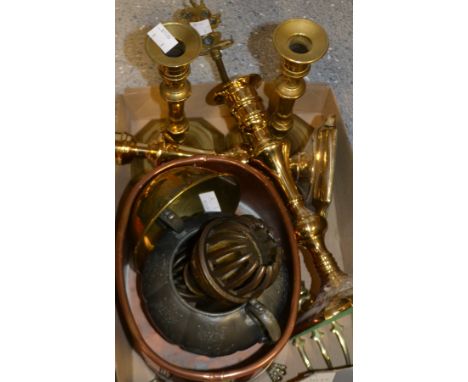 Metalware - a pair of brass candlesticks;  others; an oval copper bowl;  Indian Bells;  toasting fork etc 