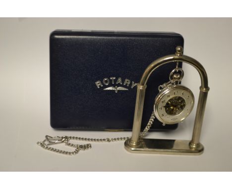 A Rotary chrome case skeleton pocket watch, silvered chapter ring, Arabic numerals, button wind movement; plated Albert chain