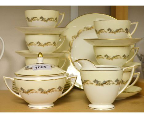 A Minton Gold Laurentian pattern 21 piece tea set, no H5184. including 6 Trios, cake plate etc. 
