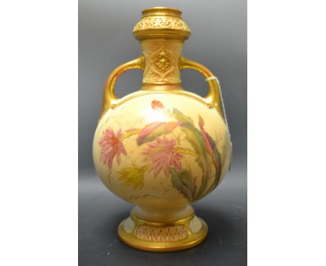 A Royal Worcester two-handled globular vase, in the Arabic manner, printed and painted  with stylised flowers and foliage, on