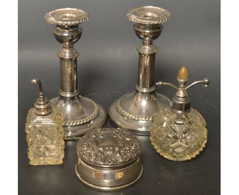 Silver - a circular dressing table top trinket box, Birmingham 1981;  a cut glass perfume atomister;  another;  a pair of sil