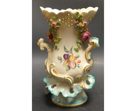 A Derby Patch Mark Frill vases, pierced flared neck, scroll handles, encrusted and painted with sliced and whole fruit, the f