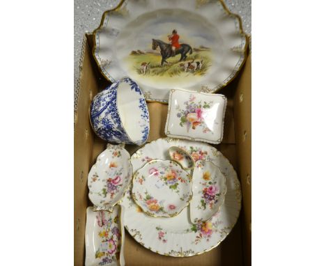 A Royal Crown Derby shaped circular hunting scene plate, signed Doyle; Posie pattern trinkets; Mikado pattern sugar bowl; Abb
