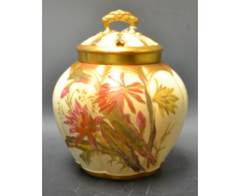A Royal Worcester lobed ovoid pot pourri vase, inner cover and outer cover, printed and painted with stylised flowers and fol