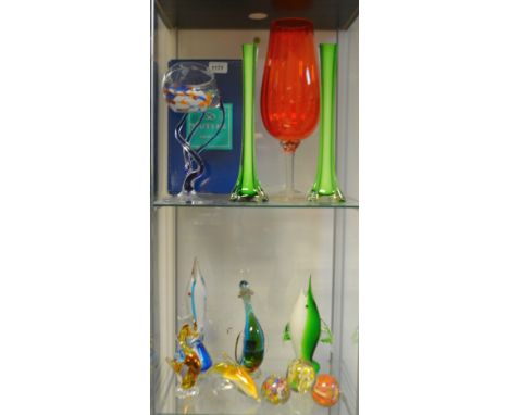 Glassware -  a Murano glass duck, another smaller;  a pair of green Murano vases;  a floral glass paperweight;  a Murano glas