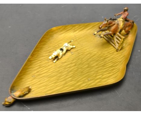 A Continental cold painted metal diamond lozenge dish, cast with a fox hunting scene, unmarked