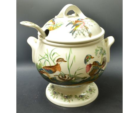A Portmerion birds of Britain pattern soup/punch bowl and cover with ladle, designed by E Donovan, printed marks 