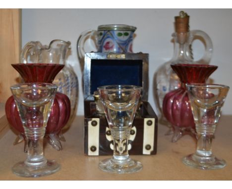 Glassware - a Victorian penny lick, another similar;  a pair of cranberry glass vases;  a wavy edged glass jug, decorated wit