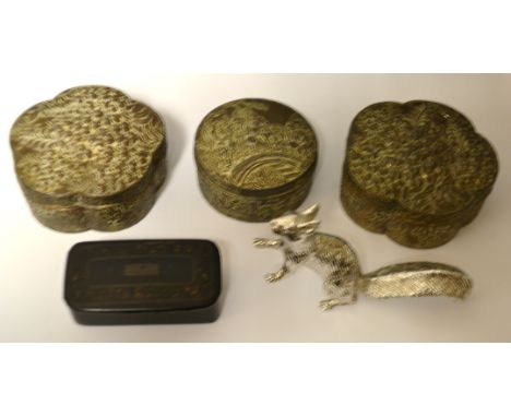 A pair of Japanese base metal five petal shaped trinket pots and covers; another similar; a Victorian hinged snuff box; a sil