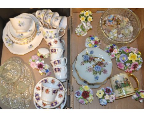 A Porcelain floral basket; a quantity of others similar; part Staffs tea sets; clear glass dressing table set; fruit bowl; qt