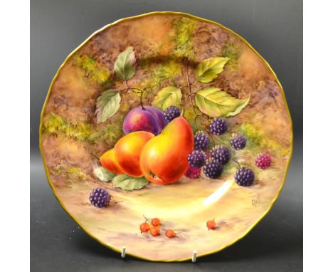 A Royal Worcester shaped circular plate, painted with pears, blackberries and gooseberries on a mossy ground, 27.5cm diam, pr