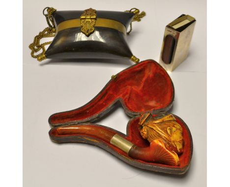 Meerschaum pipe carved bowl, as an Edwardian lady, white metal ferrule engraved coronation King Edward VII 19021, amber mouth