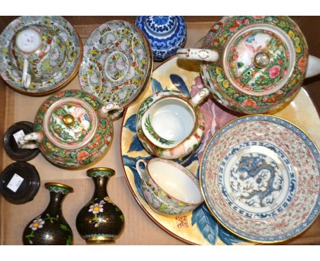 Oriental Ceramics -  a pair of cloisonne vases decorated with lotus with hardwood bases;  a Famille rose type tea service com