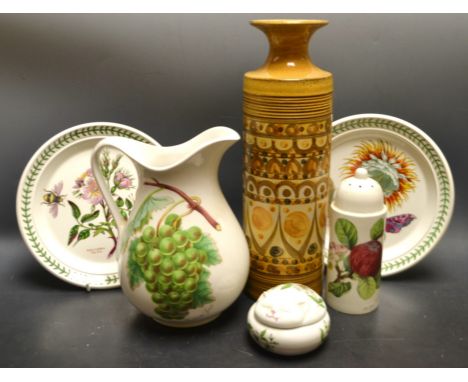 A Denby retro vase, signed ;  Portmeirion ware including a water jug, a pair of Botanic garden plates a sugar sifter ; a cat 
