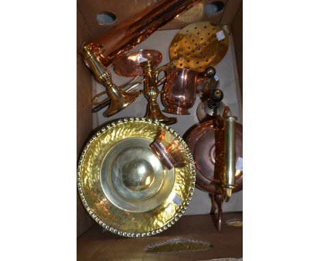 A Victorian brass hand bell; a copper French art cigarette lighter; a brass alms dish; a copper mug; a copper kettle; etc.